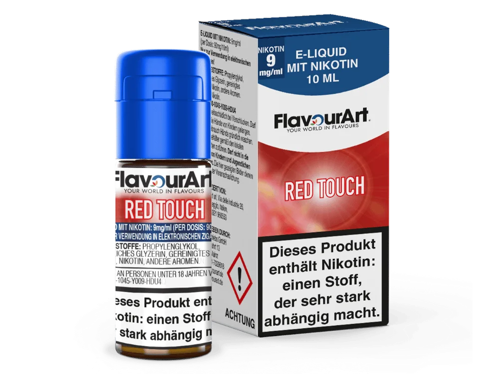 Flavourart Red Touch 10ml Liquid 9mg/ml – rote Schachtel mit Flasche, kirschroter Hintergrund