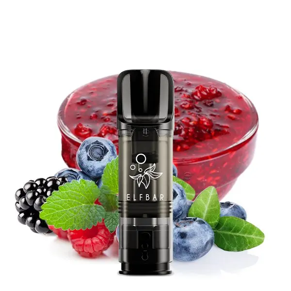 Elfbar Elfa Prefilled Pod Blueberry Snoow – schwarzer Pod vor Hintergrund mit Waldfrüchten und Minze