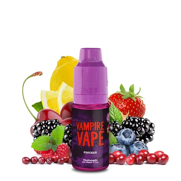 Vampire Vape Pinkman 10ml Liquid – lila Flasche umgeben von Beeren und Früchten