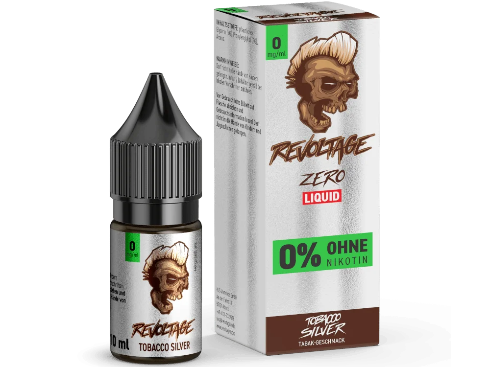 Revoltage Tobacco Silver Zero 10ml Hybrid-Nikotinsalz-Liquid – braun-grüne Schachtel mit Flasche, 0% ohne Nikotin