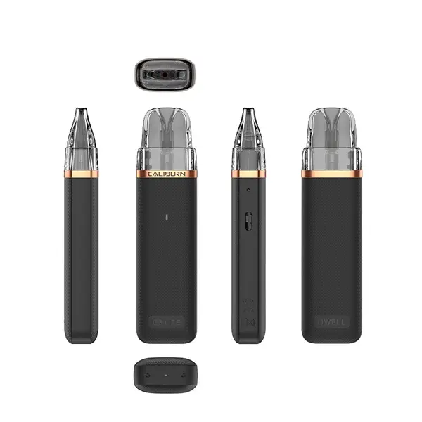 Uwell Caliburn G3 Lite Pod Kit in Schwarz, vier Ansichten mit Pod und USB-C-Anschluss