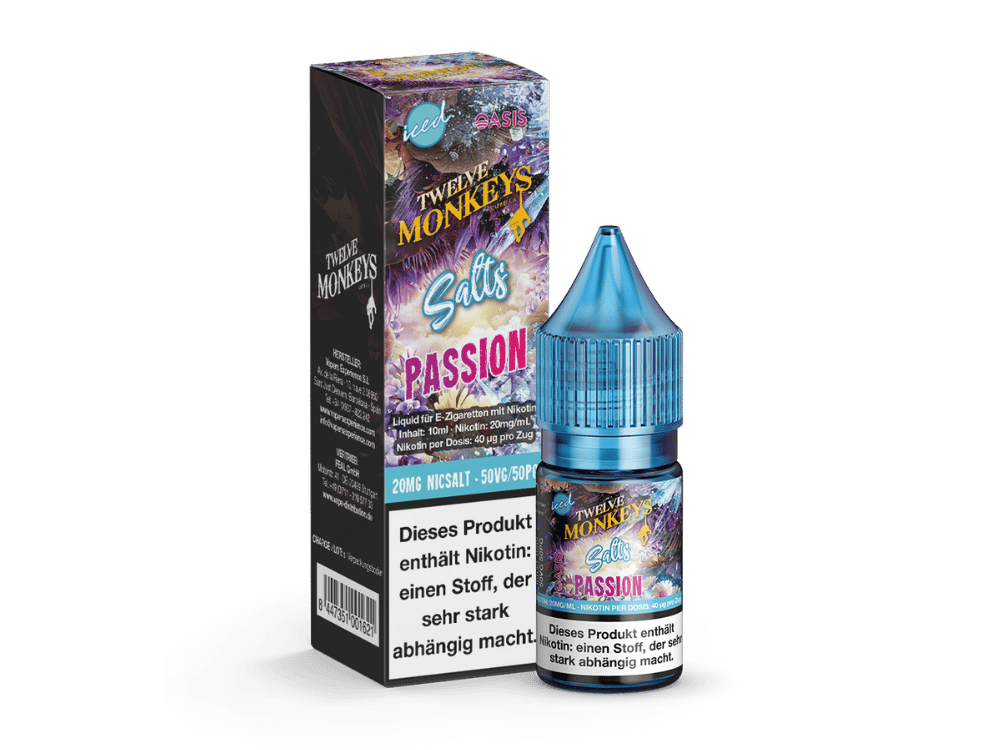 Twelve Monkeys Iced Salts Passion 10ml Nikotinsalz-Liquid – Fläschchen mit lila-pinker Verpackung und Frucht-Motiv
