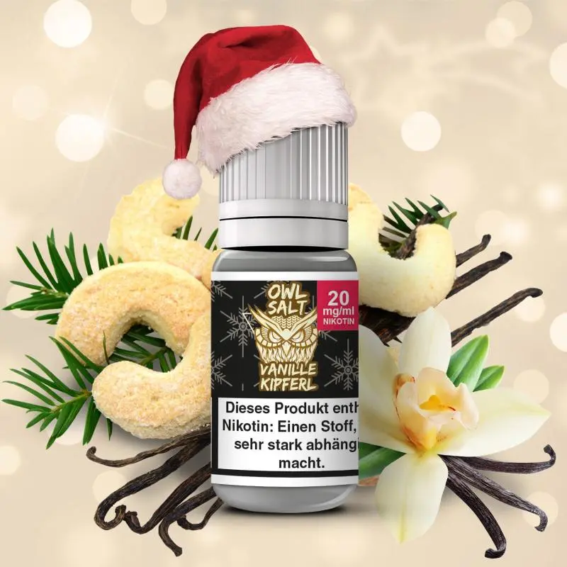 source349039.jpg OWL Salt Vanillekipferl Nikotinsalz-Liquid 20mg 10ml Flasche mit Weihnachtsmütze und Vanilledekor