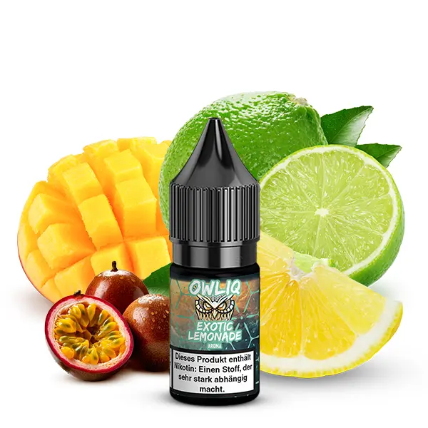 owl-salt-ExoticLemonade-nikotinsalz-2.jpg Owliq Exotic Lemonade 10ml Nikotinsalz-Liquid Flasche mit Mango, Limette und Passionsfrucht im Hintergrund