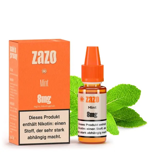 ZAZO Classics Mint 10ml Liquid 0mg nikotinfrei, orange-weiße Schachtel und Flasche neben Minzblättern