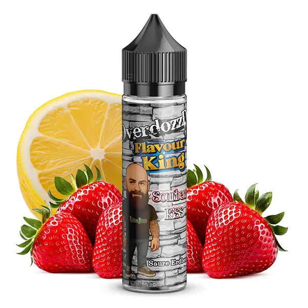 Lädla Juice OverdozzD Sourberry Kiss Longfill-Flasche 60ml mit Erdbeeren und Zitrone im Hintergrund
