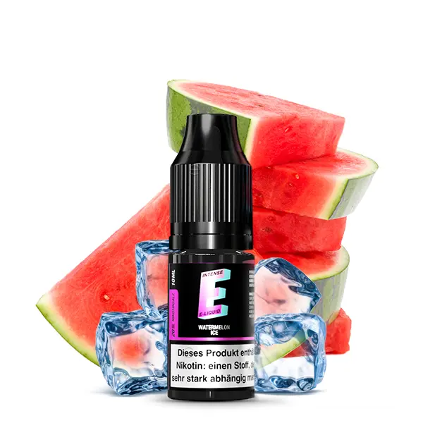 e-intense-watermelon-ice-nikotinsalz-1.jpg E-Intense Watermelon Ice 10ml Nikotinsalz-Liquid – schwarze Flasche vor Wassermelonenscheiben und Eiswürfeln