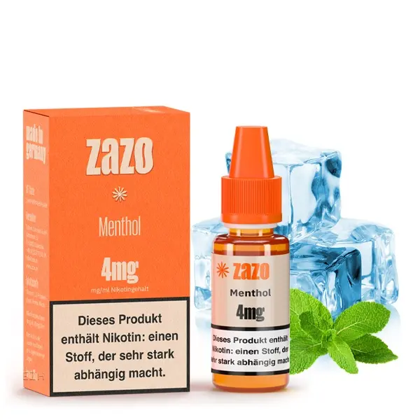ZAZO Classics Menthol 4mg eLiquid, orangefarbene Packung und Flasche mit Eiswürfel-Motiv