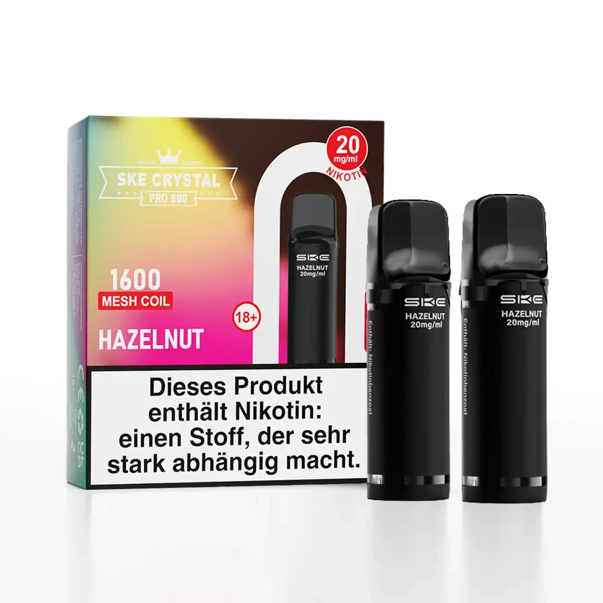 Zwei schwarze SKE Crystal 800 Pro Pods mit bunter Verpackung, Sorte Hazelnut
