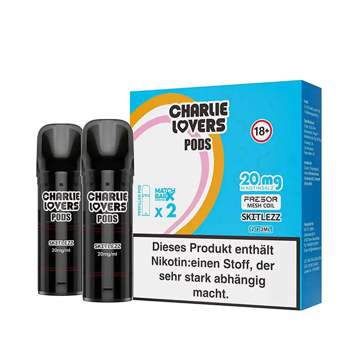 Charlie Lovers Prefilled Pod Skitlezz 2er-Pack mit bunter Verpackung und zwei grauen Pods, 20 mg