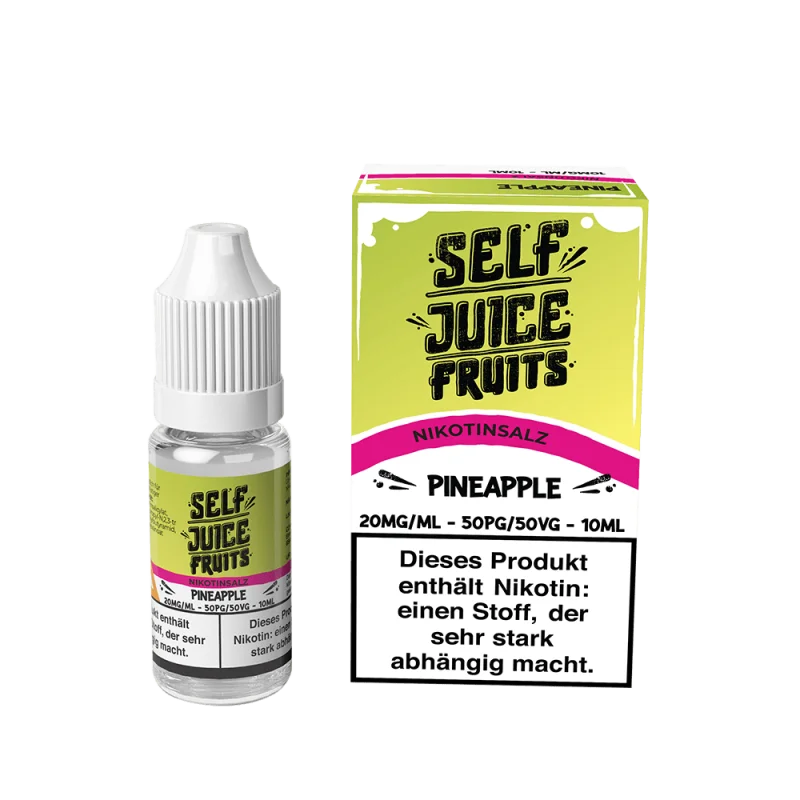 Self Juice Pineapple Ice Nikotinsalz-Liquid 10ml – Flasche mit pinkfarbener Etikette und Verpackungskarton