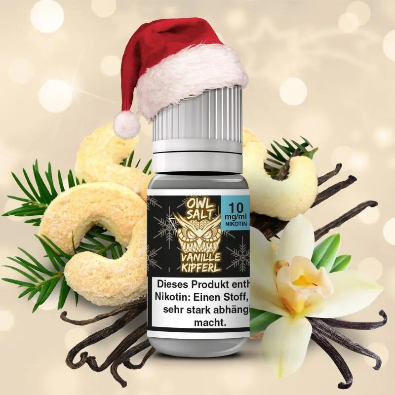 source283664.jpg OWL Salt Vanillekipferl Nikotinsalz-Liquid 10mg 10ml Flasche mit Weihnachtsmütze und Vanilledekor