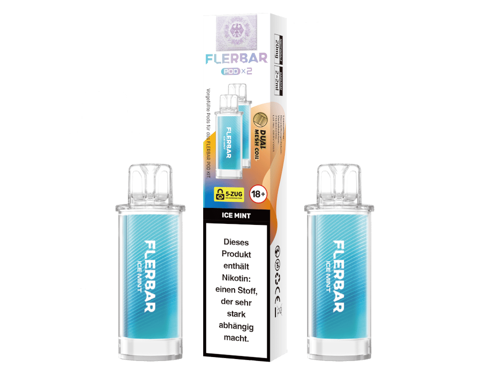 Flerbar Prefilled Pod Ice Mint – 2er-Pack in blau-oranger Verpackung mit zwei transparenten Pods