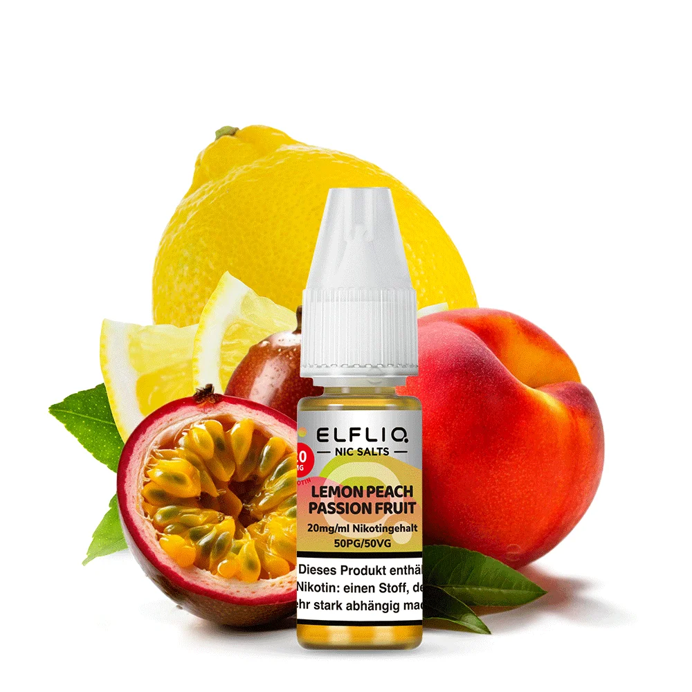 elfliq-lemon-peach-passionfruit-2.png Elfliq Lemon Peach Passion Fruit Nikotinsalz-Liquid 10ml Flasche mit Zitrone, Pfirsich und Passionsfrucht