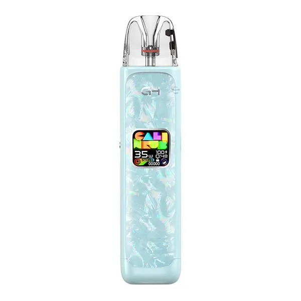 Uwell Caliburn G4 Pod Kit in Glacier Blue – hellblaues Gerät mit Marmoroptik, farbigem Display und transparentem Pod