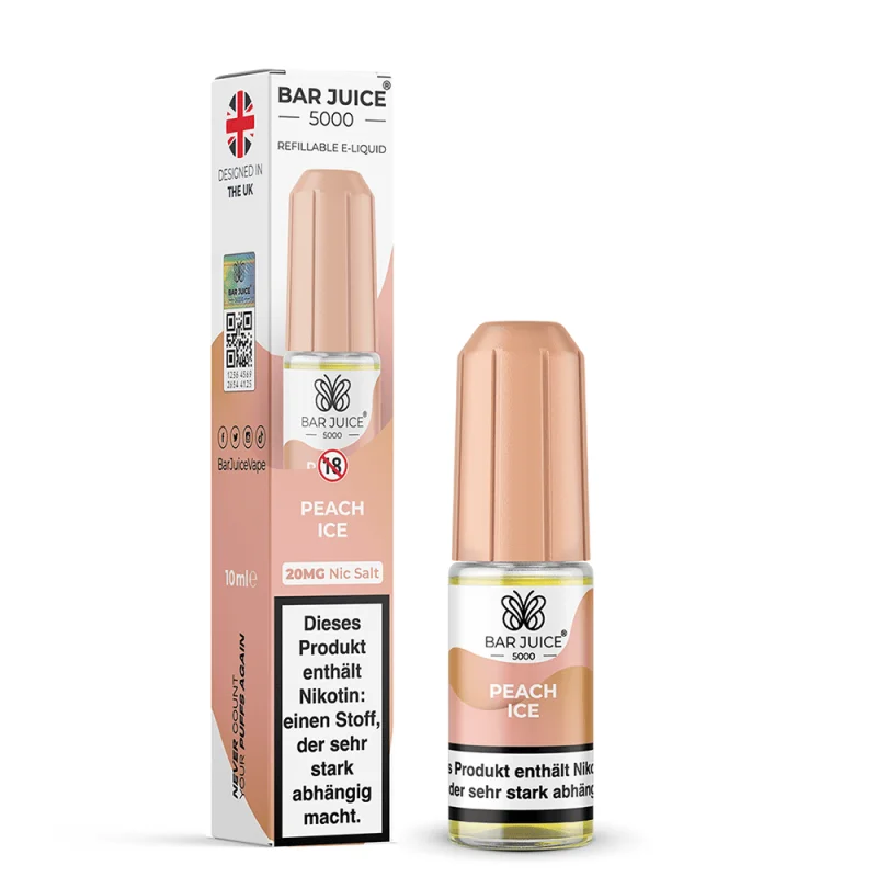 Bar Juice 5000 Peach Ice Nikotinsalz-Liquid 10ml – rosafarbene Flasche neben Einweg-Vape und Karton