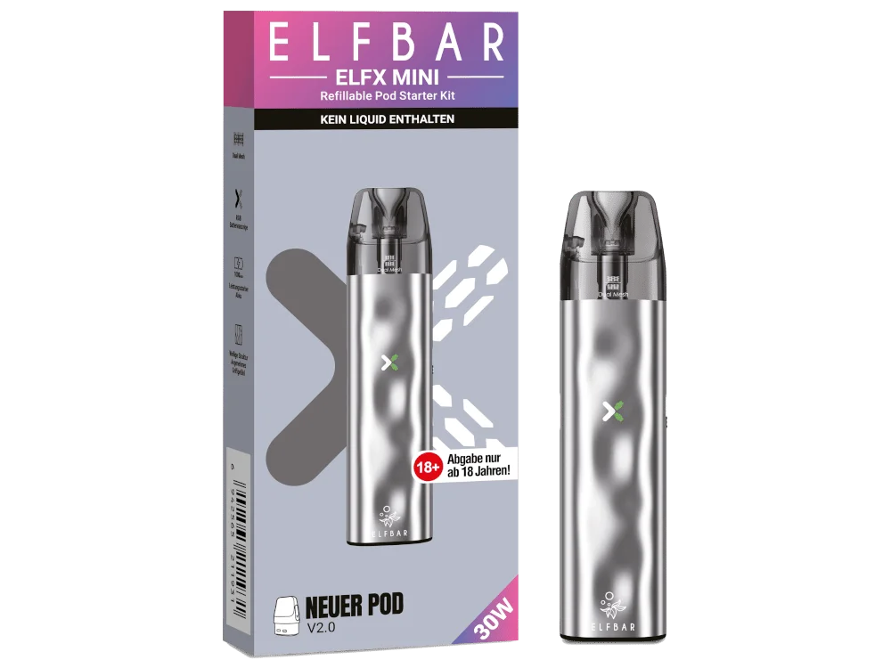 Elfbar ELFX Refillable Mini E-Zigaretten-Set in Silber, Frontansicht mit Pod und Gerät in Verpackung