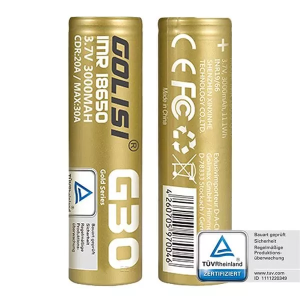 Golisi G30 18650 Akku 20A 3000mAh – zwei goldene Zellen, Vorder- und Rückseite mit CE-Kennzeichnung