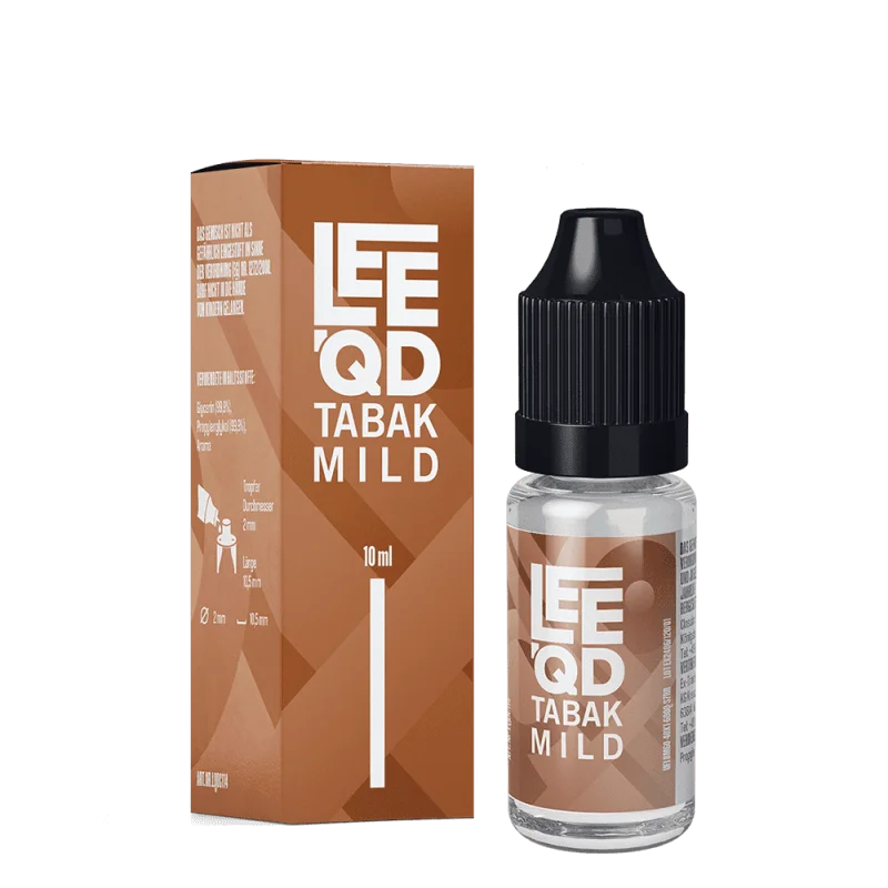 LEEQD Tabak Mild 10ml eLiquid – braune Schachtel neben kleiner Glasflasche, Vorderansicht