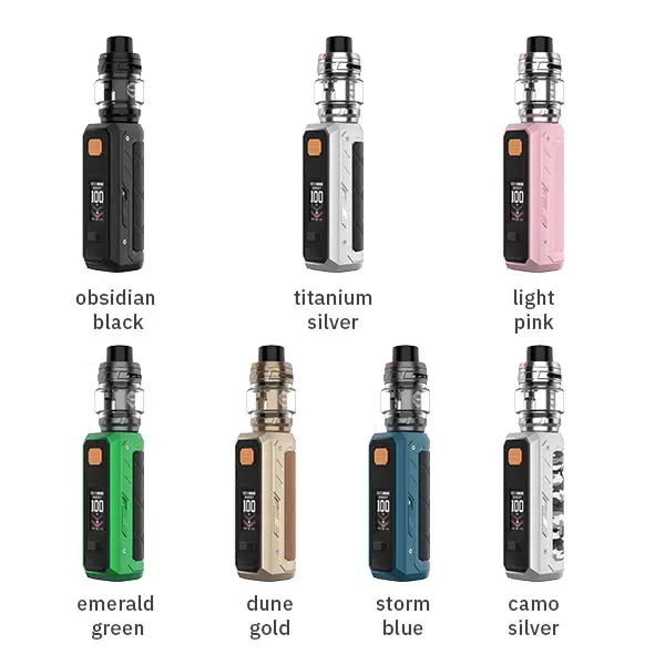 Vaporesso Armour Ultra Kit in sechs Farben – obsidian black, titanium silver, light pink, emerald green, dune gold, storm blue und camo silver