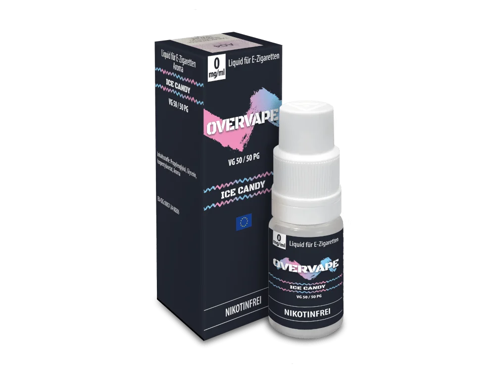 Overvape Ice Candy Nikotinsalz-Liquid 10ml – Tropfflasche mit pinkem Etikett neben dunkler Verpackungsbox