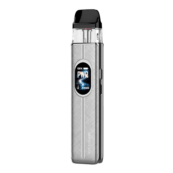 Vaporesso XROS 6 Pod Kit in Silber mit gebürstetem Finish, OLED-Display und aufgestecktem Pod, Frontansicht
