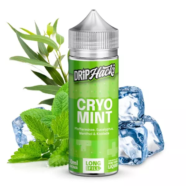 Drip Hacks Cryo Mint Longfill 10ml grüne Flasche mit Minzblättern und Eiswürfeln