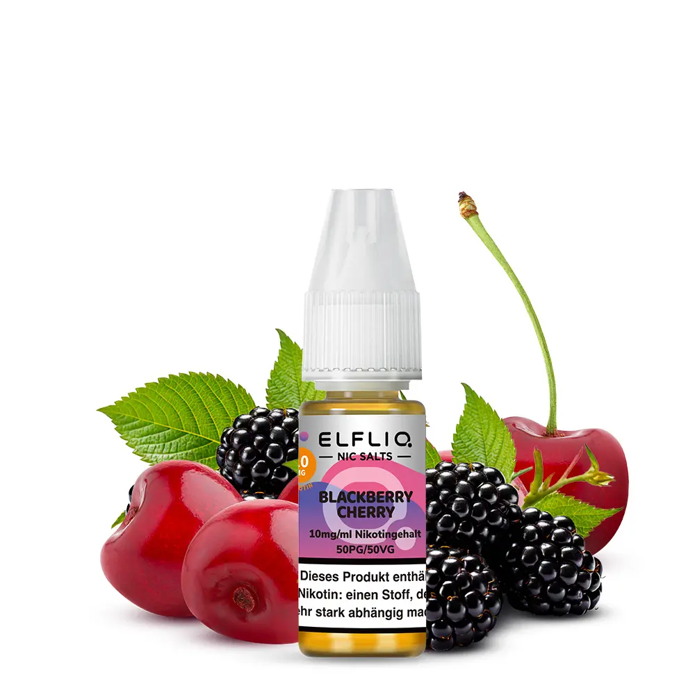 Elfliq Blackberry Cherry 10ml Nikotinsalz-Liquid von Elfbar – Flasche mit Brombeeren und Kirschen, Seitenansicht