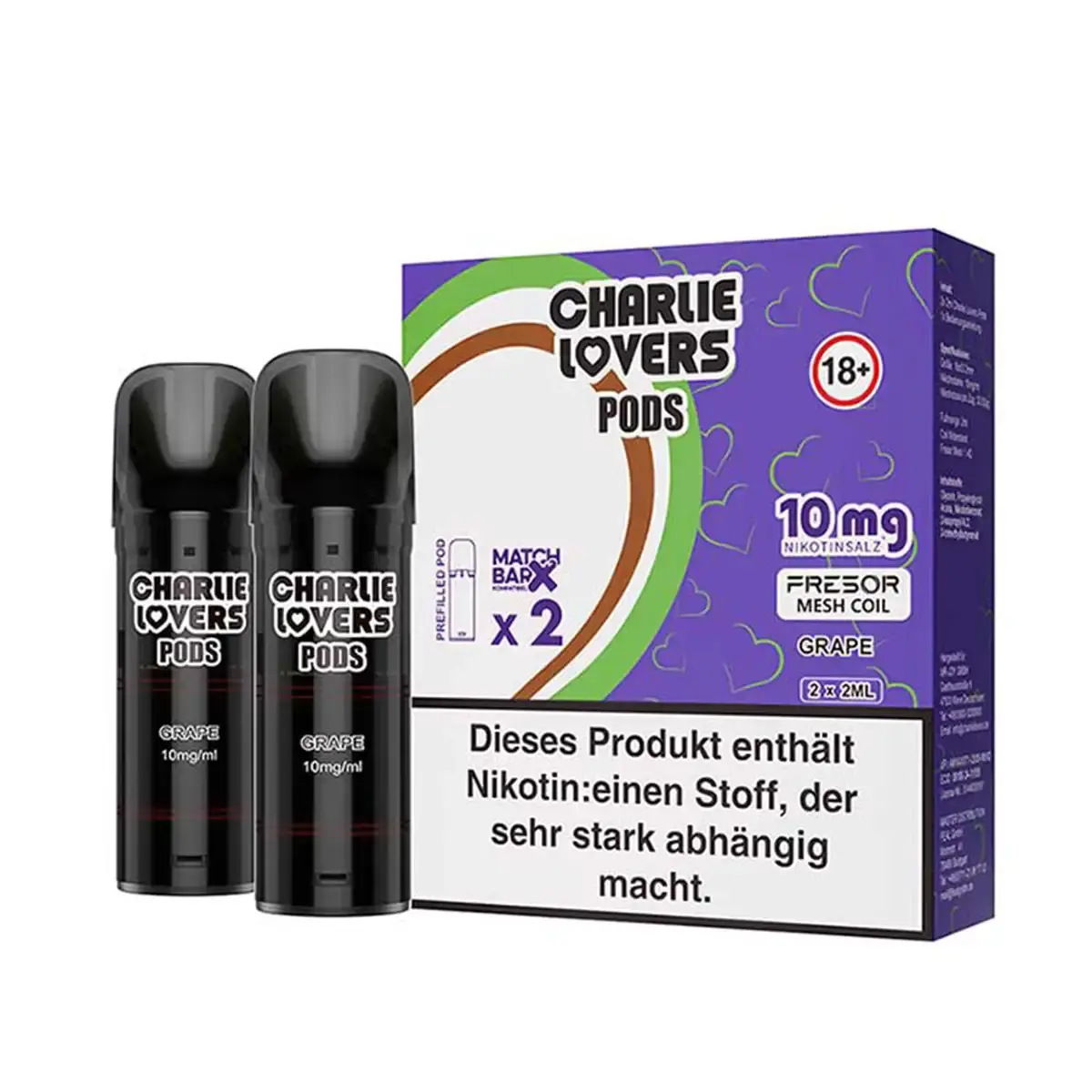 2 schwarze Charlie Lovers Prefilled Pods Grape in lila Verpackung, 10 mg Nikotin