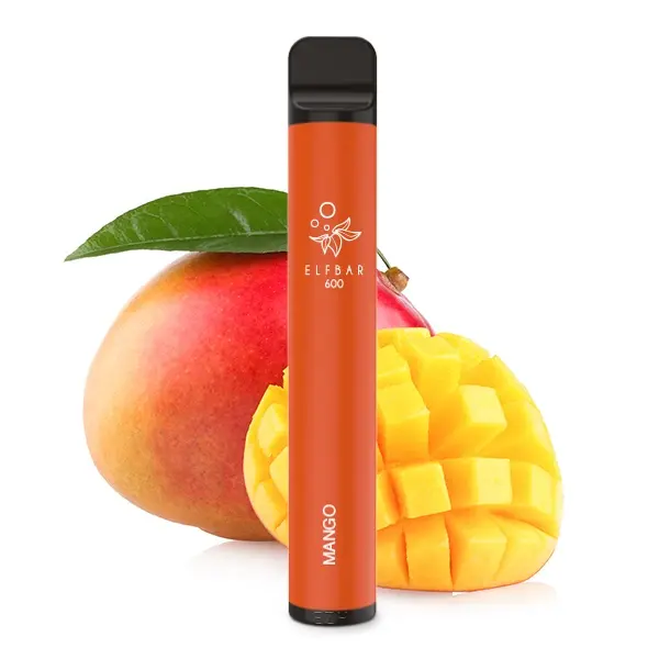 Elfbar 600 Einweg E-Zigarette Mango in Orange-Rot vor frischen Mangos, 20 mg/ml