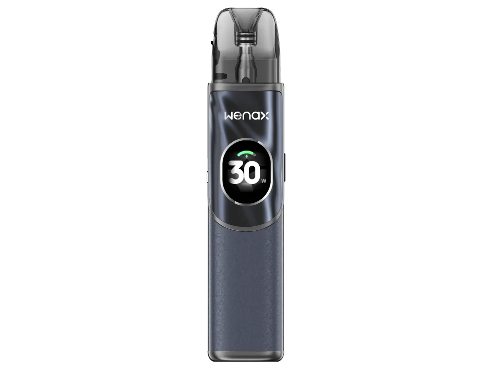GeekVape Wenax Q2 Kit in Dunkelgrau – schlankes Pod-System mit Wenax-Logo und 30W-Badge, Vorderansicht