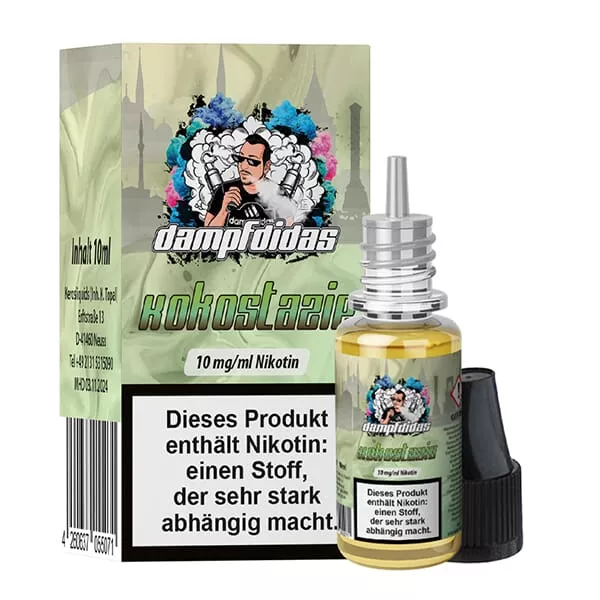 source994593.jpg Dampfdidas Kokostazie 10ml Nikotinsalz-Liquid Flasche mit grünem Etikett, 19mg Nikotin, Verpackungskarton daneben
