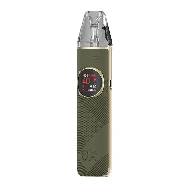 Oxva NeXlim 2 Pod Kit in Olivgrün mit Goldakzenten und rundem OLED-Display, Frontalansicht