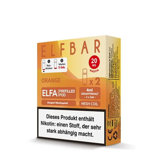 Elfbar Elfa Pods Orange 20mg/ml im 2er Pack, orange-gelbe Verpackung mit zwei vorgefüllten Pods
