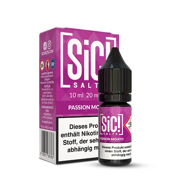 sic-passion-mojito-nikotinsalz-2.jpg SiC! Salts Passion Mojito 10ml Nikotinsalz-Liquid – lila Verpackung mit Flasche, Frontansicht
