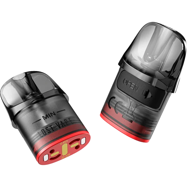 Lost Vape E Plus Dual Mesh Ersatz-Pod schwarz-rot, zwei Pods von vorn und hinten