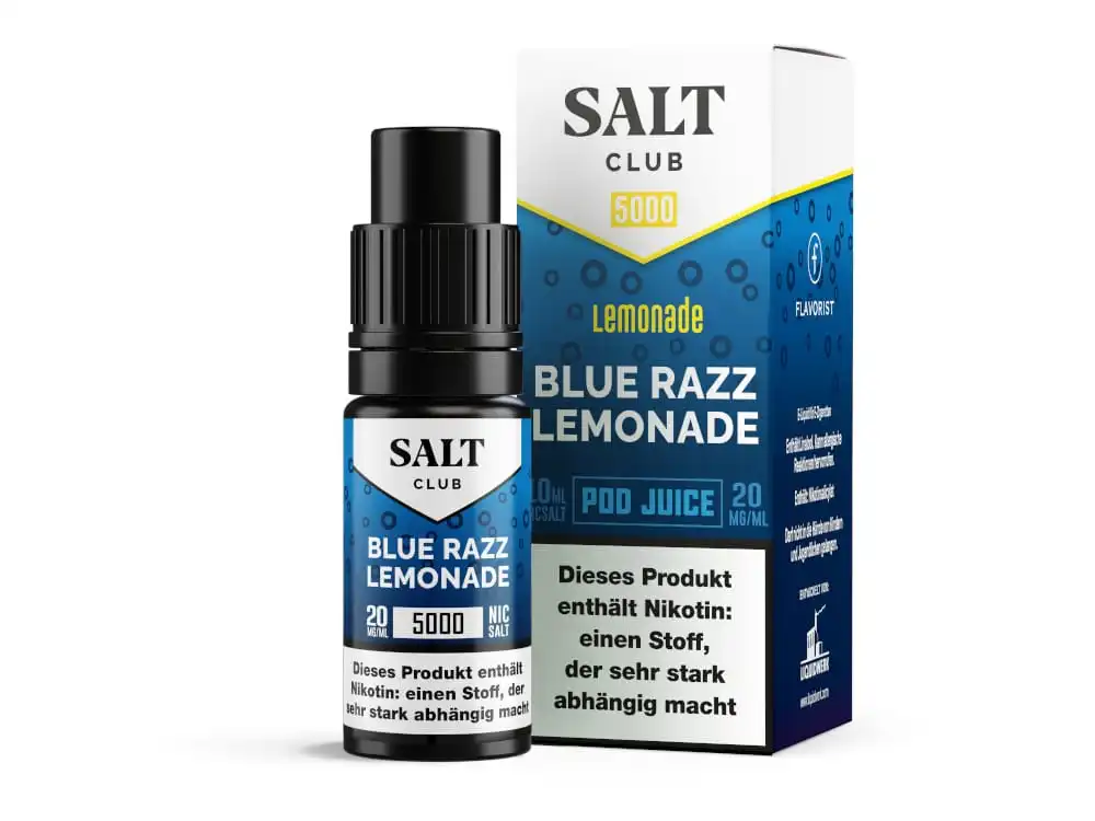 Salt Club 5000 Blue Razz Lemonade Nikotinsalz-Liquid 10ml – hellblaue Flasche mit Lemonade-Verpackungsbox