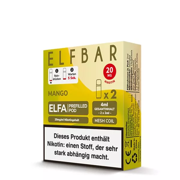 Elfbar Elfa Prefilled Pod Mango 20mg/ml – gelbe Verpackung mit 2 Pods, Frontansicht