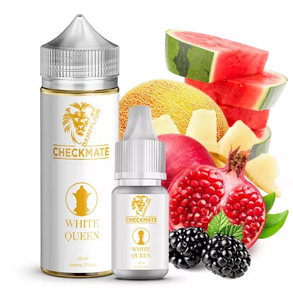 dampflion-checkmate-white-queen-aroma DampfLion Checkmate White Queen Longfill – weiße Flasche mit Wassermelone, Melone und Beeren