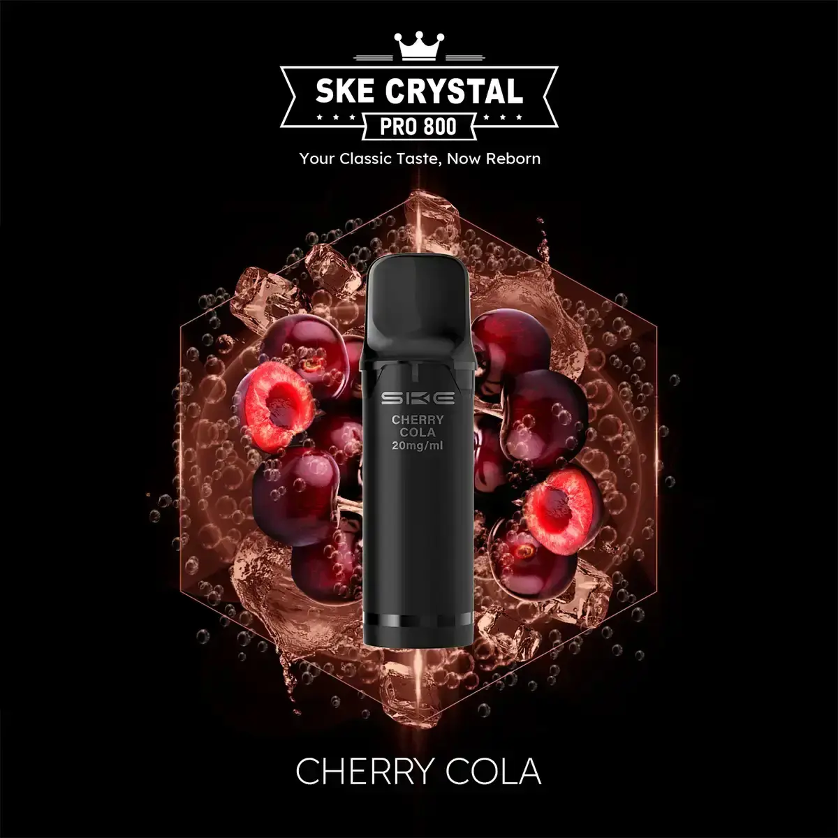 SKE Crystal 800 Pro Prefilled Pod Cherry Cola – schwarzer Pod vor dunklem Kirsch- und Cola-Hintergrund
