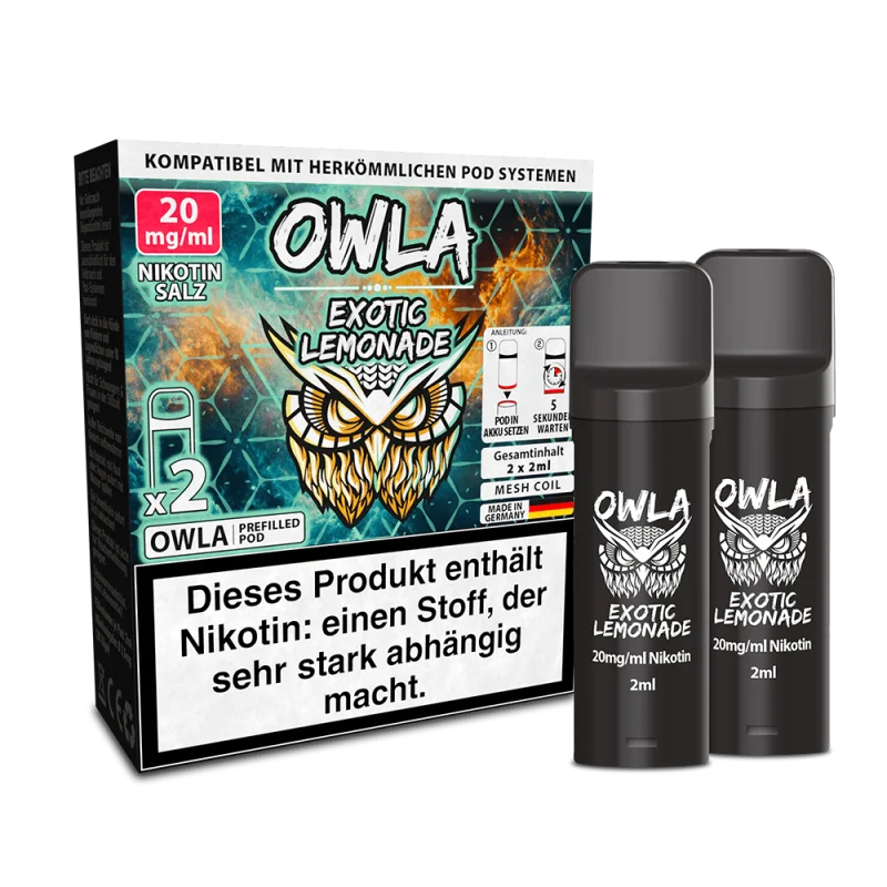OWLA208_800x800.png?ts=1770994860 Owla Exotic Lemonade Prefilled Pod 2er-Pack – türkis-grüne Verpackung mit Eule und zwei schwarze Pods, Seitenansicht