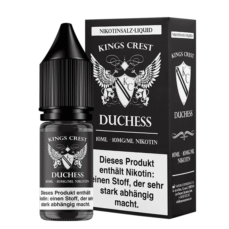 Kings Crest Duchess Nikotinsalz-Liquid 10ml Flasche mit schwarzer Verpackung, Frontansicht