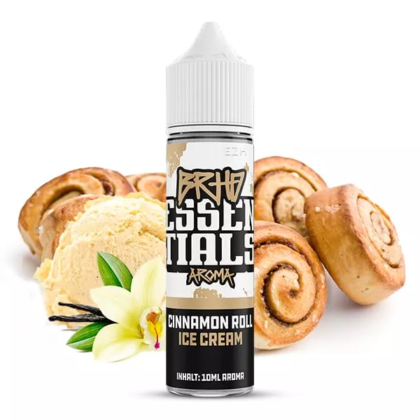 Barehead Essentials Cinnamon Roll Ice Cream Longfill 20ml Flasche mit Zimtschnecken und Vanilleeis im Hintergrund