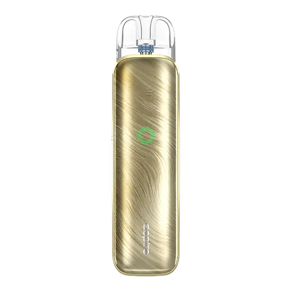 Aspire Pixo Aura 2 Pod Kit in Gold-Champagner mit geschwungenem Rillen-Muster, schlanke Frontansicht