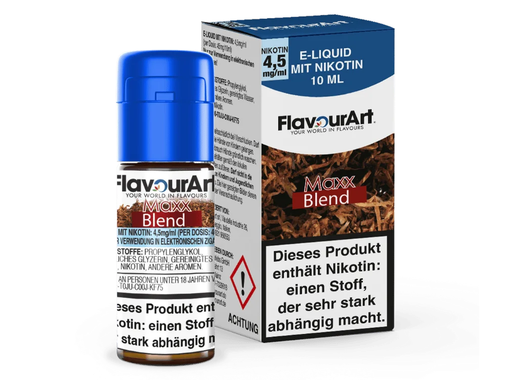 Flavourart Maxx Blend 10ml Liquid – braune Tabak-Verpackung, 4,5mg Nikotin auf der Box