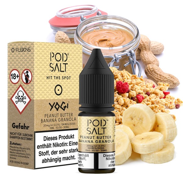 PodSalt Fusion Peanut Butter Banana Granola Bar 10ml Nikotinsalz-Liquid, kleine Flasche mit Erdnussbutter- und Bananenmotiv im Hintergrund