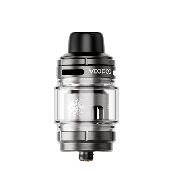 VooPoo Uforce X 2 Tank Verdampfer in Gunmetal/Silber mit klarem Glastank, Frontansicht
