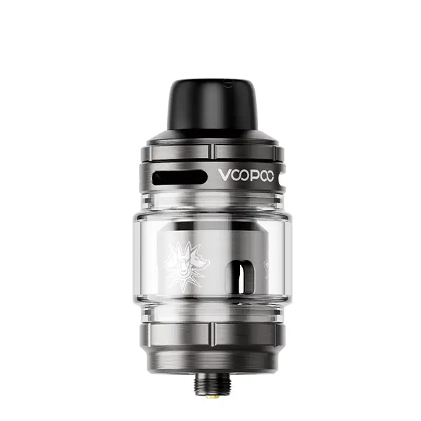 VooPoo Uforce X 2 Tank Verdampfer in Gunmetal/Silber mit klarem Glastank, Frontansicht