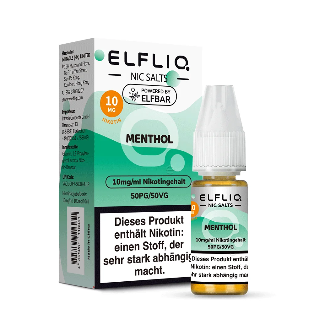Elfbar Elfliq Menthol 10mg Nikotinsalz-Liquid 10ml, Flasche mit grünem Etikett und Warnhinweis seitlich