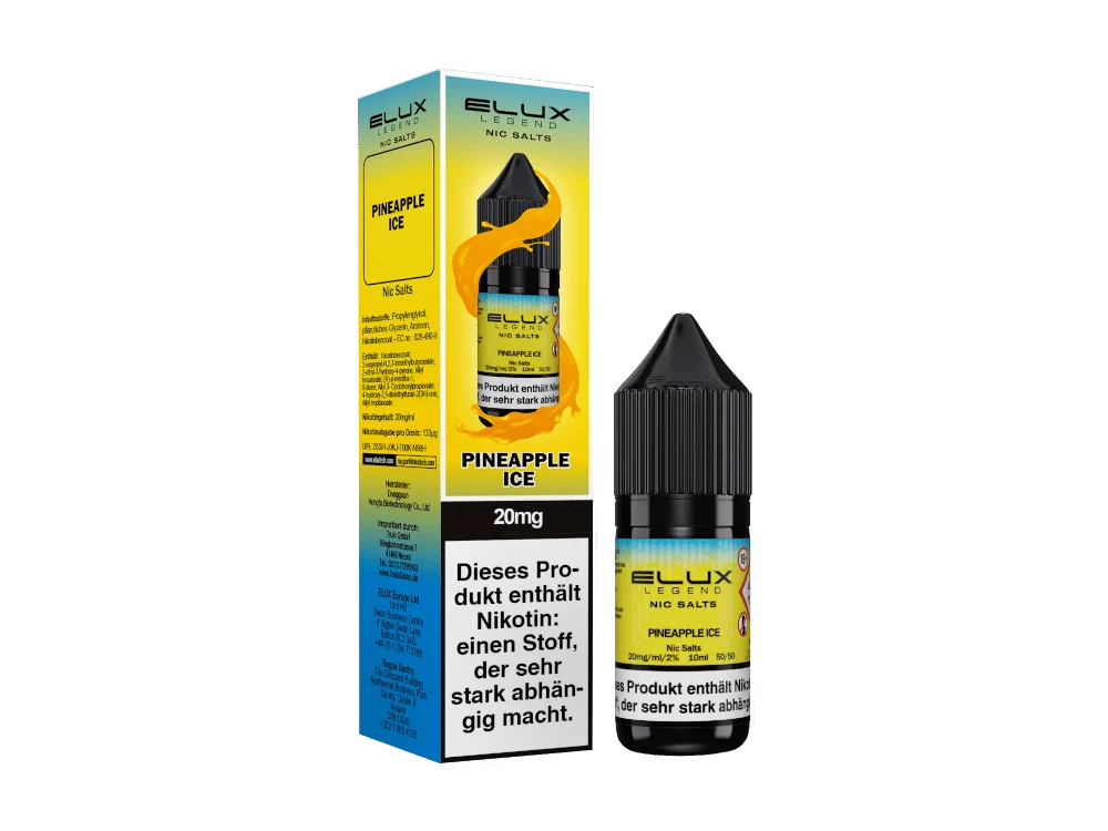 Elux Pineapple Ice 10ml Nikotinsalz-Liquid – gelb-blaue Verpackung mit Flasche, Nahaufnahme